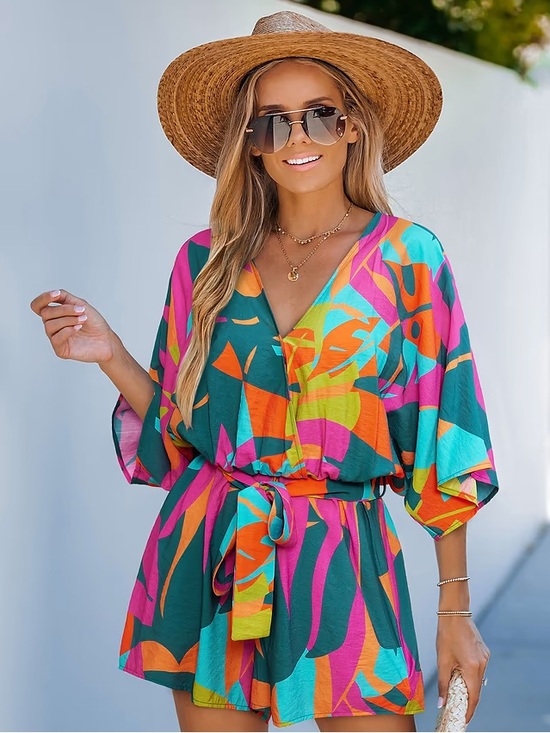 Cupshe Pants - Cupshe Multicolor Tropical Print Wrap Romper in Teal, Pink, Orange